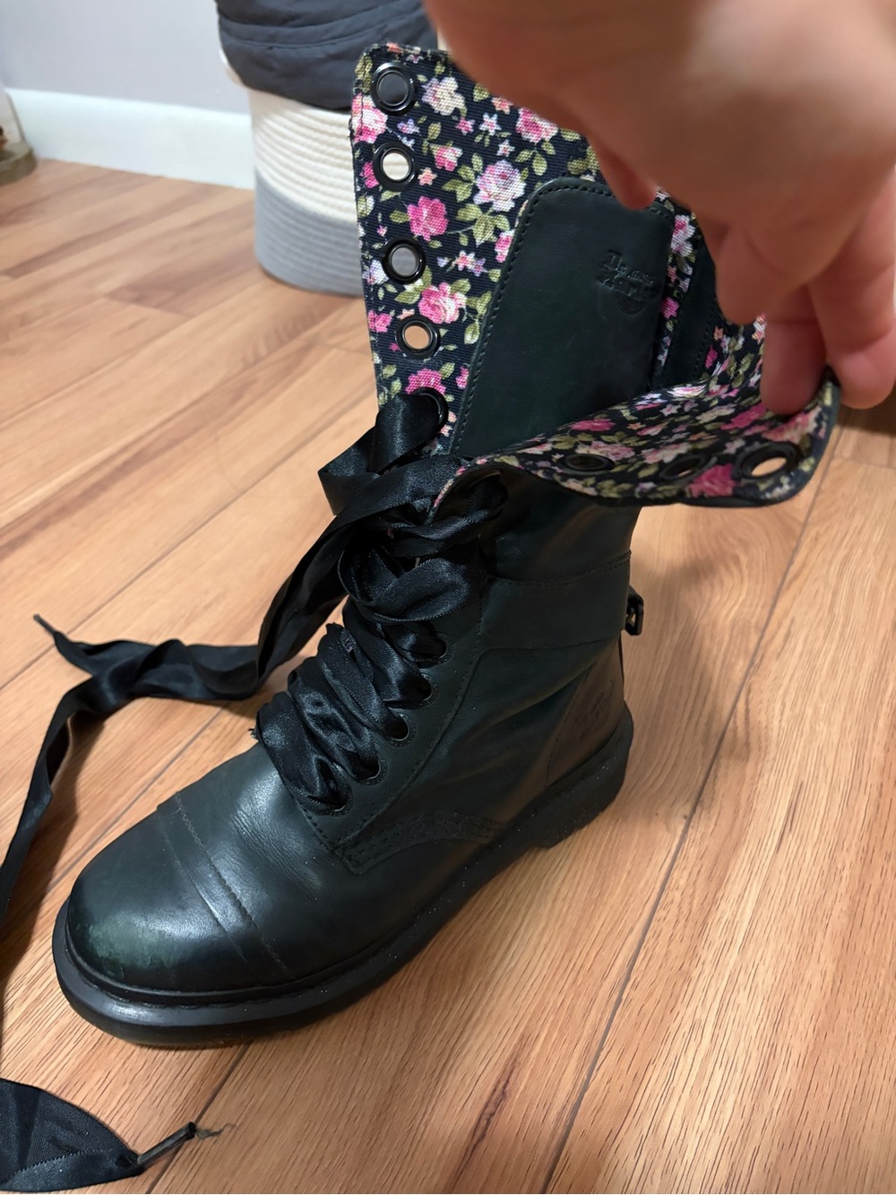 Dr. Martens Black Combat Boots with Pink Floral Lining